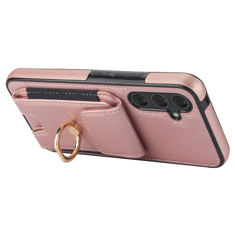 For Samsung Galaxy A14 5G / 4G Case Kickstand Card Bag Leather Coated TPU Phone Cover -  Rose Gold - 2