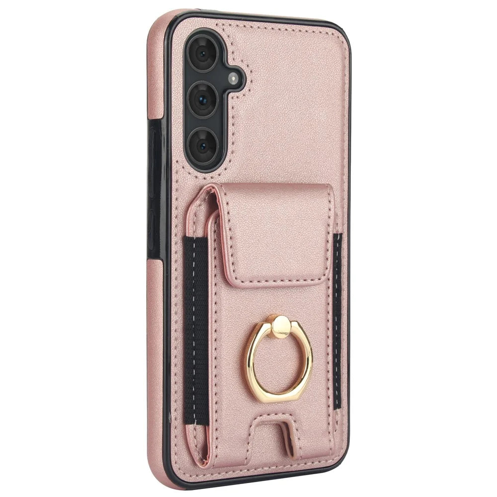For Samsung Galaxy A14 5G / 4G Case Kickstand Card Bag Leather Coated TPU Phone Cover -  Rose Gold - 5