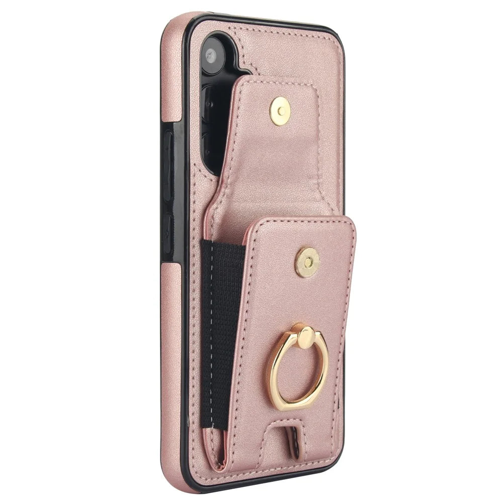 For Samsung Galaxy A14 5G / 4G Case Kickstand Card Bag Leather Coated TPU Phone Cover -  Rose Gold - 6