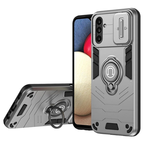 For Samsung Galaxy A14 5G / 4G Case PC+TPU Ring Kickstand Phone Cover with Slide Lens Lid - Grey - 1