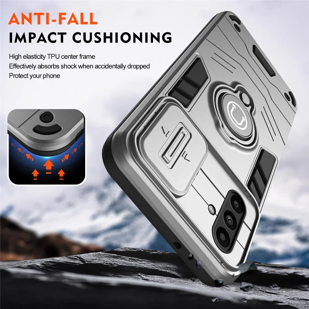 For Samsung Galaxy A14 5G / 4G Case PC+TPU Ring Kickstand Phone Cover with Slide Lens Lid - Grey - 4