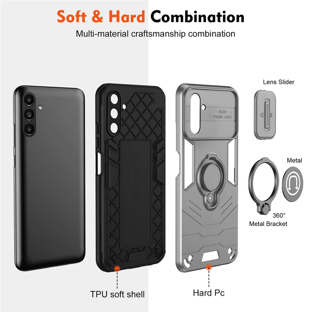 For Samsung Galaxy A14 5G / 4G Case PC+TPU Ring Kickstand Phone Cover with Slide Lens Lid - Grey - 6