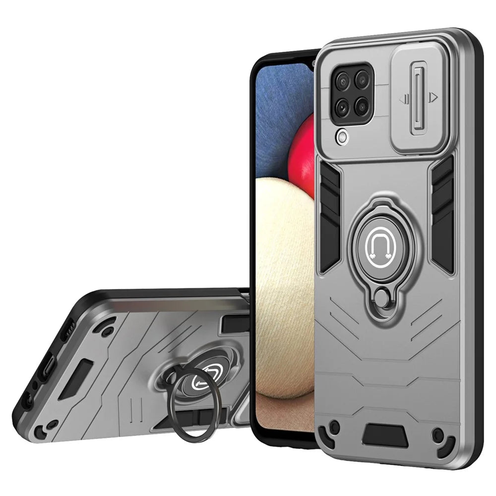For Samsung Galaxy A22 4G (EU Version) Case PC+TPU Kickstand Cover with Slide Lens Cover -  Grey - 1