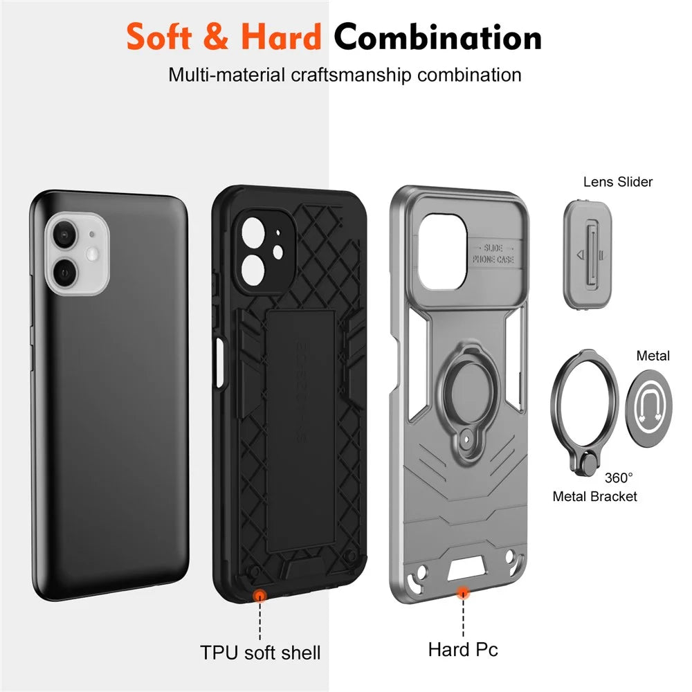 For iPhone 12 Case PC+TPU Phone Protector with Kickstand and Slide Lens Cover -  Grey - 6