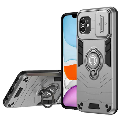 For iPhone 11 Case PC+TPU Kickstand Phone Cases with Slide Lens Cover - Grey - 1