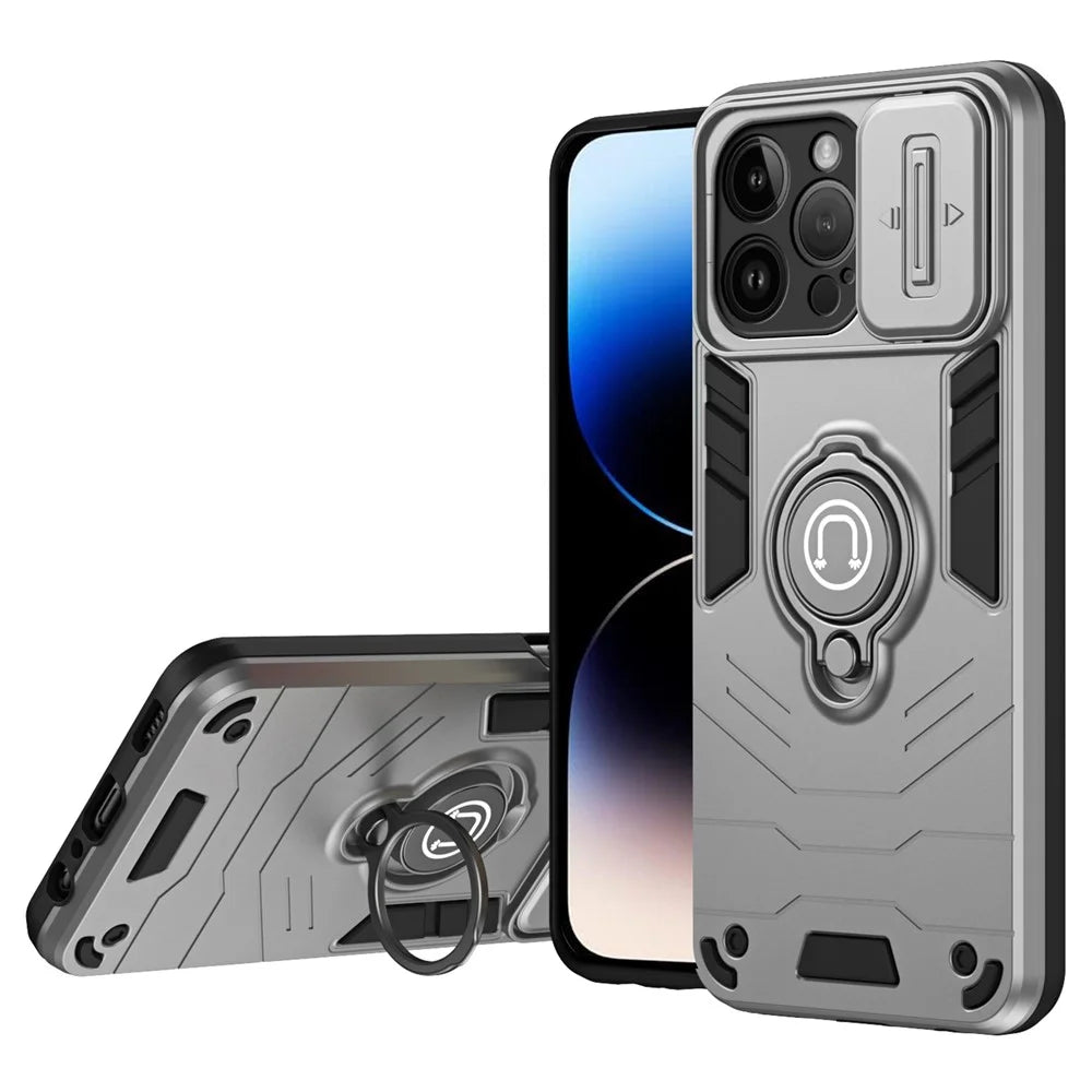 For iPhone 14 Pro Case Camera Protection PC+TPU Phone Cover with Ring Holder - Grey - 1