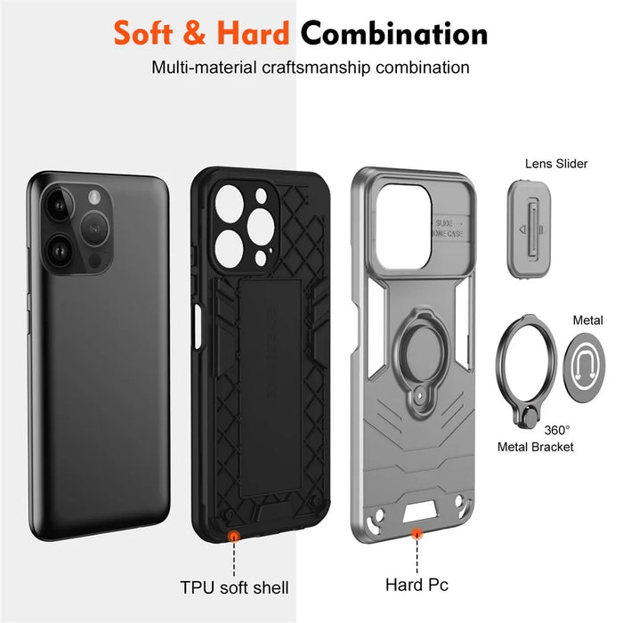 For iPhone 14 Pro Case Camera Protection PC+TPU Phone Cover with Ring Holder - Grey - 6