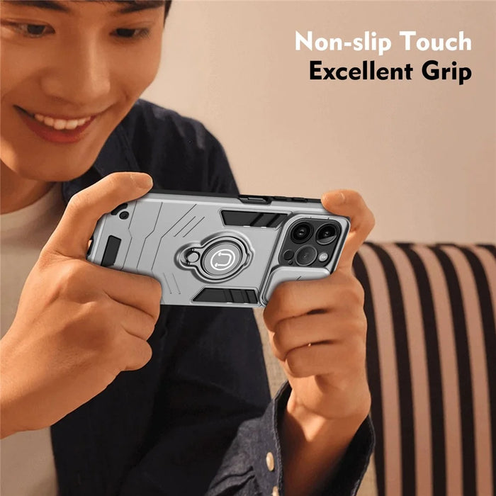 For iPhone 14 Pro Case Camera Protection PC+TPU Phone Cover with Ring Holder - Grey - 7