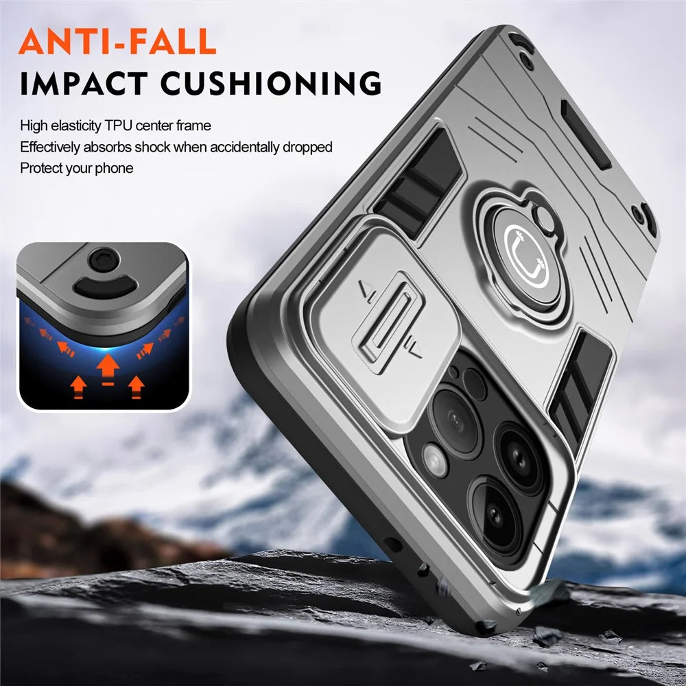 For iPhone 14 Pro Max Case Kickstand PC+TPU Hybrid Phone Cover with Slide Lens Shield -  Grey - 4