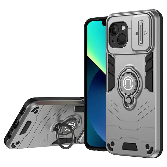 For iPhone 13 Kickstand Case PC+TPU Phone Protector with Slide Lens Cover - Grey - 1