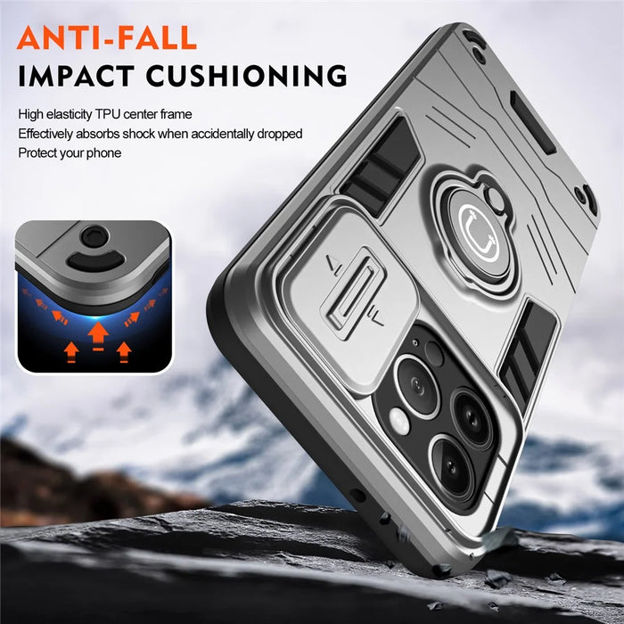 For iPhone 13 Pro Case Ring Kickstand PC+TPU Phone Cover with Slide Lens Guard - Grey - 4