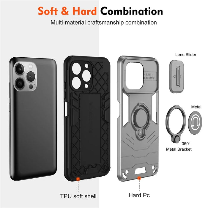 For iPhone 13 Pro Case Ring Kickstand PC+TPU Phone Cover with Slide Lens Guard - Grey - 6