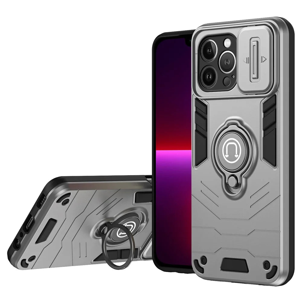 For iPhone 13 Pro Max Kickstand Case PC+TPU Phone Shell with Slide Lens Cover - Grey - 1