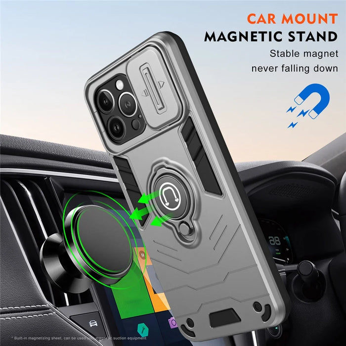 For iPhone 13 Pro Max Kickstand Case PC+TPU Phone Shell with Slide Lens Cover - Grey - 5