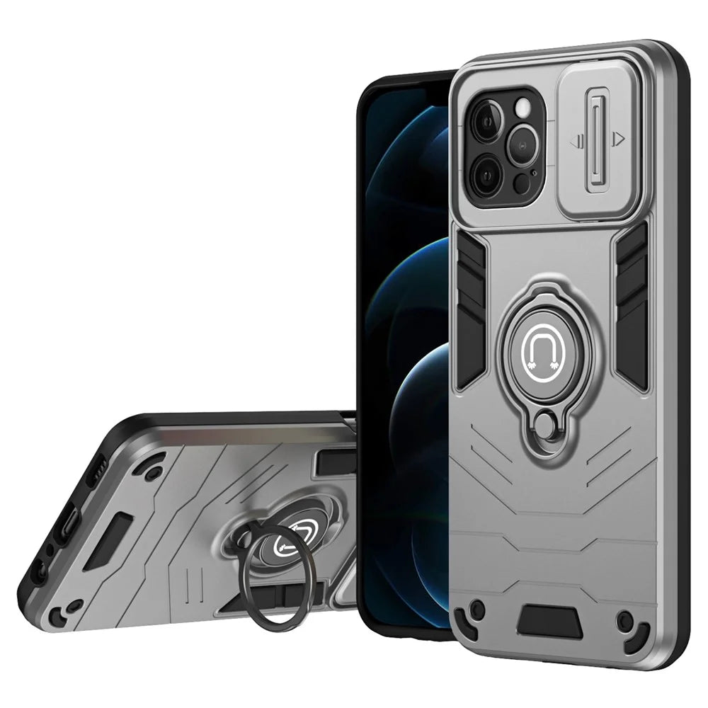 For iPhone 12 Pro Max Case PC+TPU Kickstand  Back Cover Slide Lens Cover -  Grey - 1