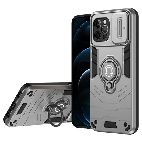 For iPhone 12 Pro Max Case PC+TPU Kickstand  Back Cover Slide Lens Cover -  Grey - 1