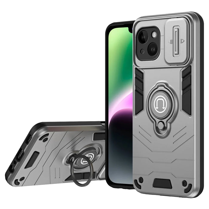 For iPhone 14 Case PC+TPU Anti-Drop Phone Cover with Ring Kickstand - Grey - 1