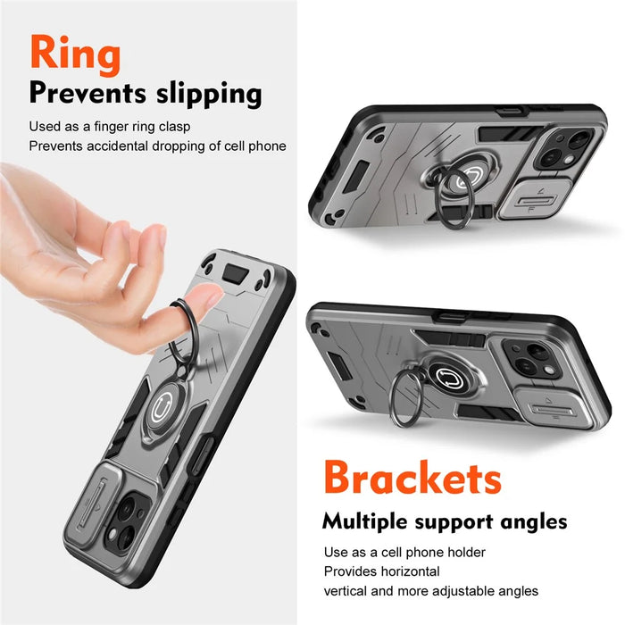 For iPhone 14 Case PC+TPU Anti-Drop Phone Cover with Ring Kickstand - Grey - 2