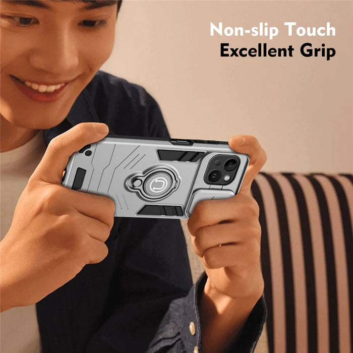 For iPhone 14 Case PC+TPU Anti-Drop Phone Cover with Ring Kickstand - Grey - 7