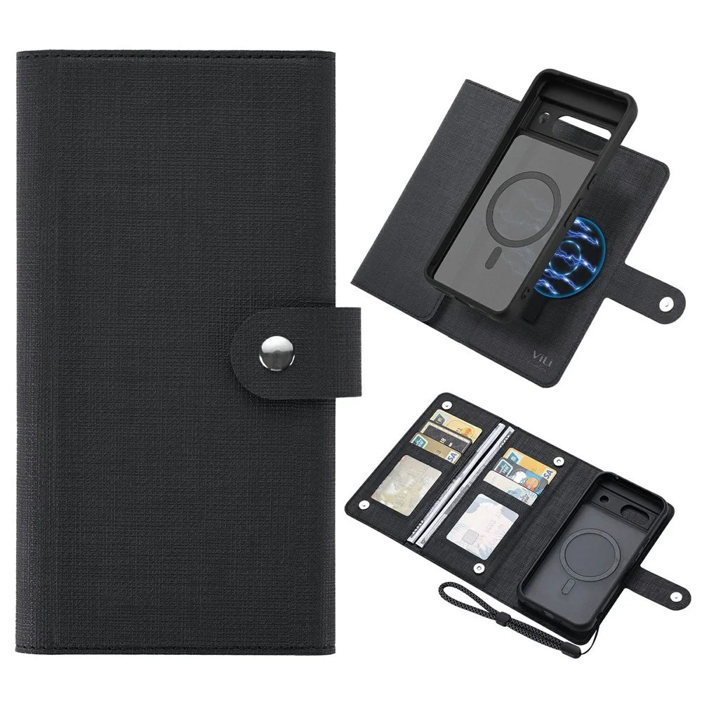 VILI GMA Series For Google Pixel 8a Magnetic Case RFID Blocking Wallet Detachable Leather Phone Cover -  Black - 1