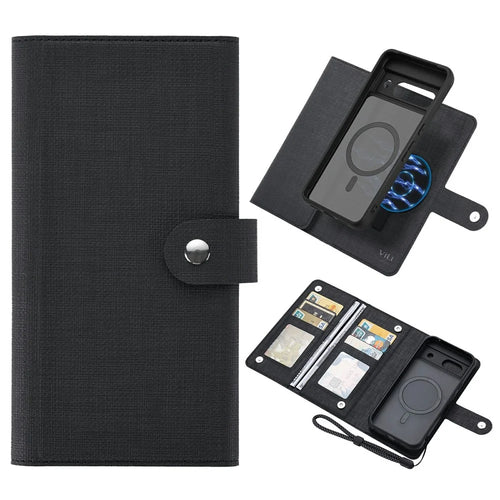VILI GMA Series For Google Pixel 8a Magnetic Case RFID Blocking Wallet Detachable Leather Phone Cover -  Black - 1