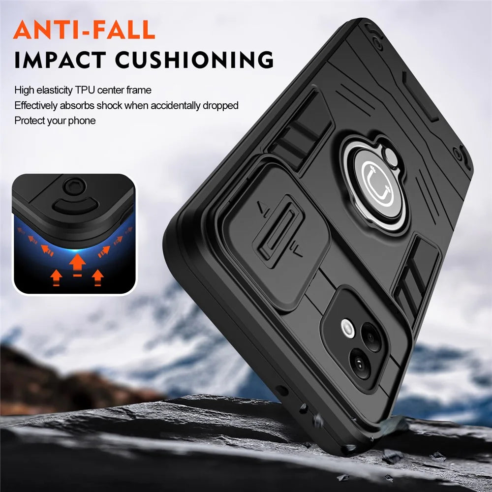 For Samsung Galaxy A05 4G Case Slide Camera Lid PC+TPU Phone Cover with Ring Kickstand - Black - 4