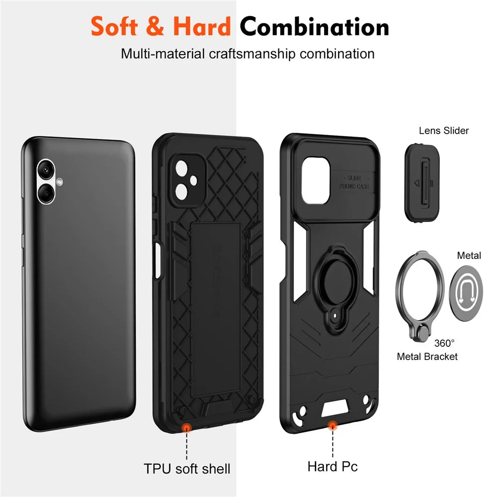 For Samsung Galaxy A05 4G Case Slide Camera Lid PC+TPU Phone Cover with Ring Kickstand - Black - 6