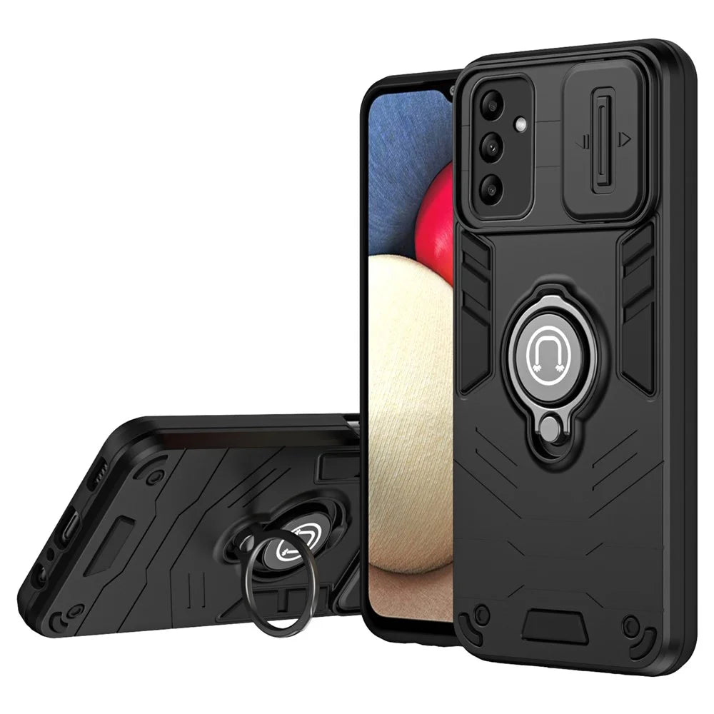 For Samsung Galaxy A05s 4G Phone Case Slide Lens Lid Anti-Fall Phone Cover with Ring Kickstand - Black - 1
