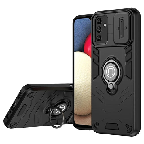 For Samsung Galaxy A05s 4G Phone Case Slide Lens Lid Anti-Fall Phone Cover with Ring Kickstand - Black - 1