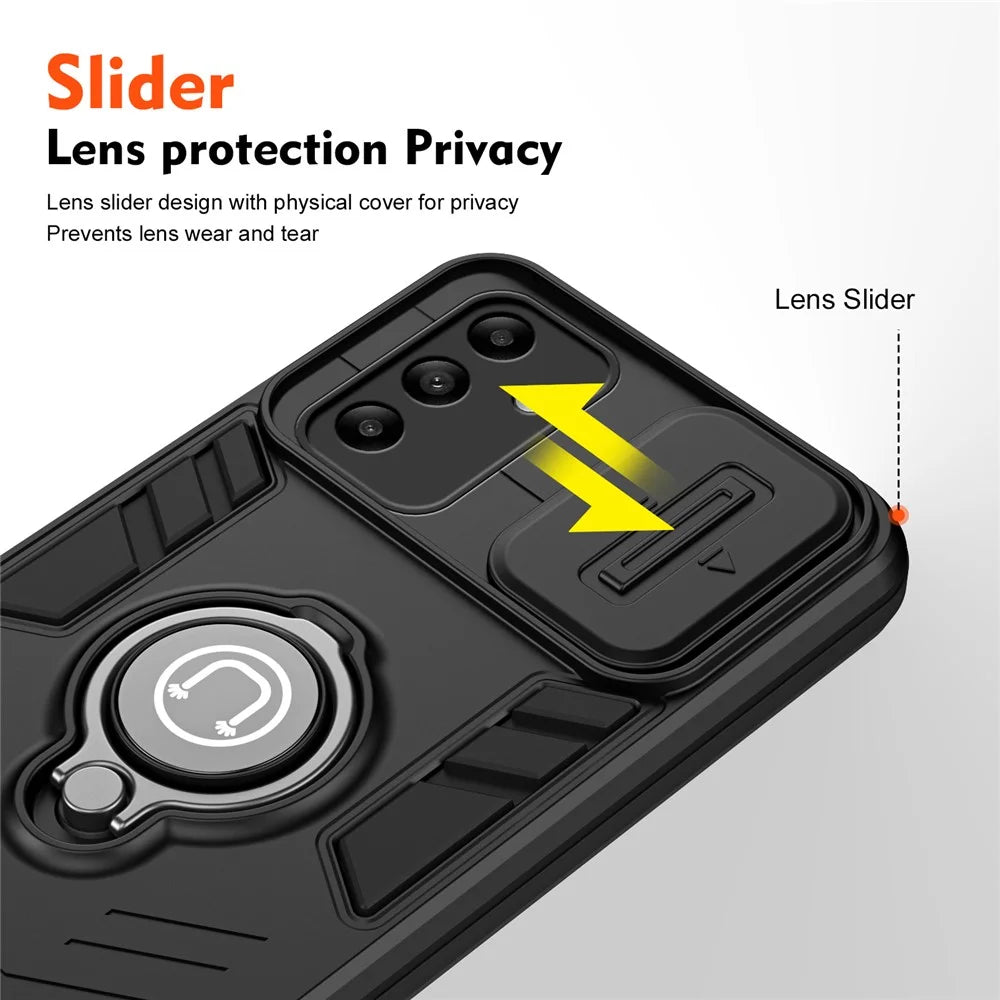 For Samsung Galaxy A05s 4G Phone Case Slide Lens Lid Anti-Fall Phone Cover with Ring Kickstand - Black - 3