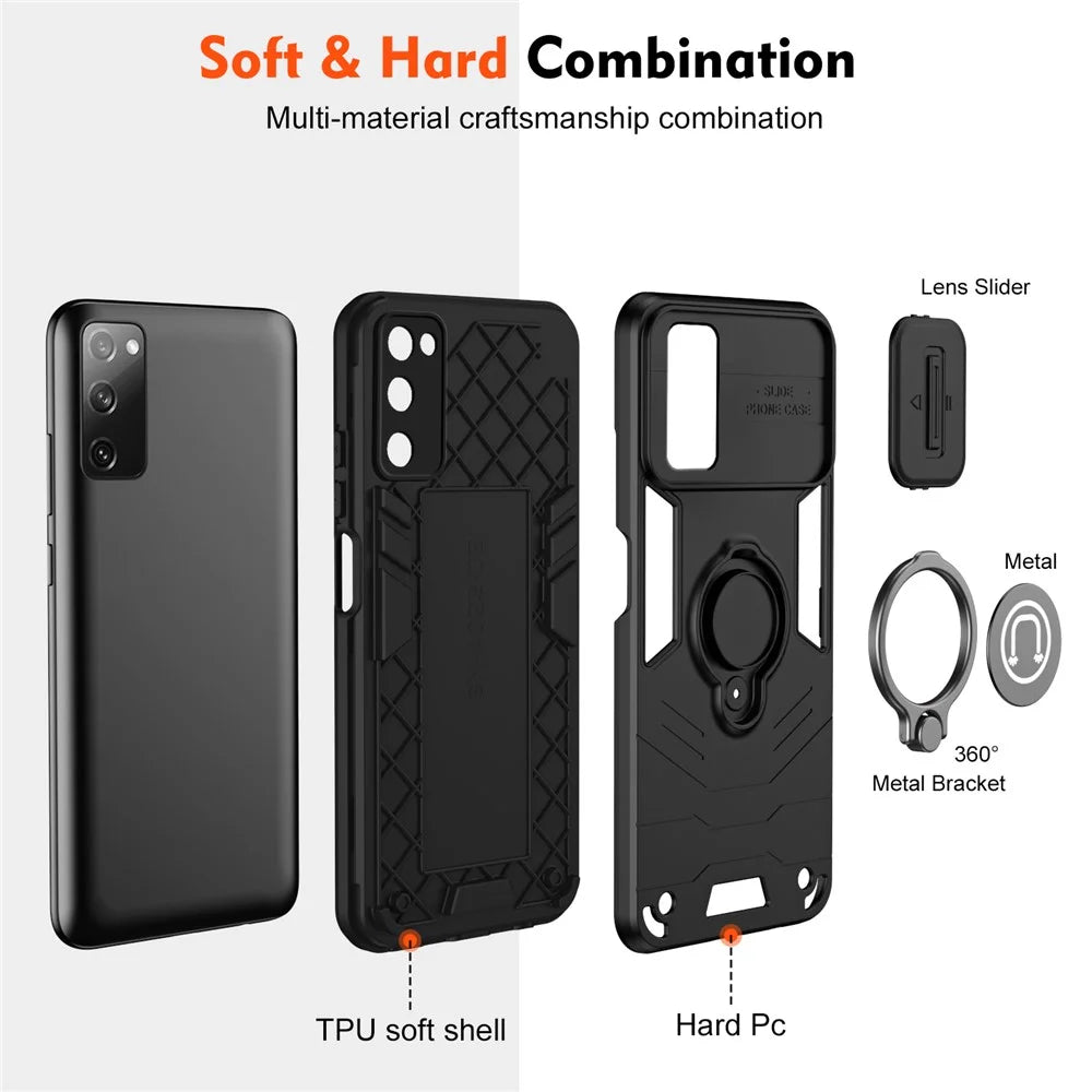 For Samsung Galaxy S20 FE 5G / S20 FE / S20 FE 2022 / S20 Lite Case Slide Lens Guard Phone Kickstand Cover - Black - 6