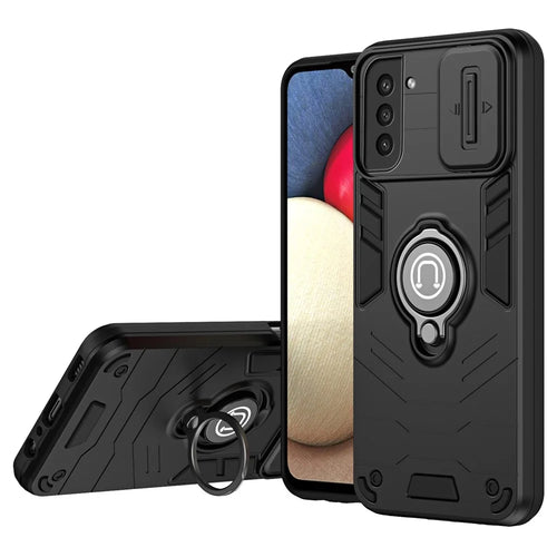 For Samsung Galaxy S21 FE 5G Case Slide Lens Lid Anti-Fall Phone Cover with Ring Kickstand - Black - 1
