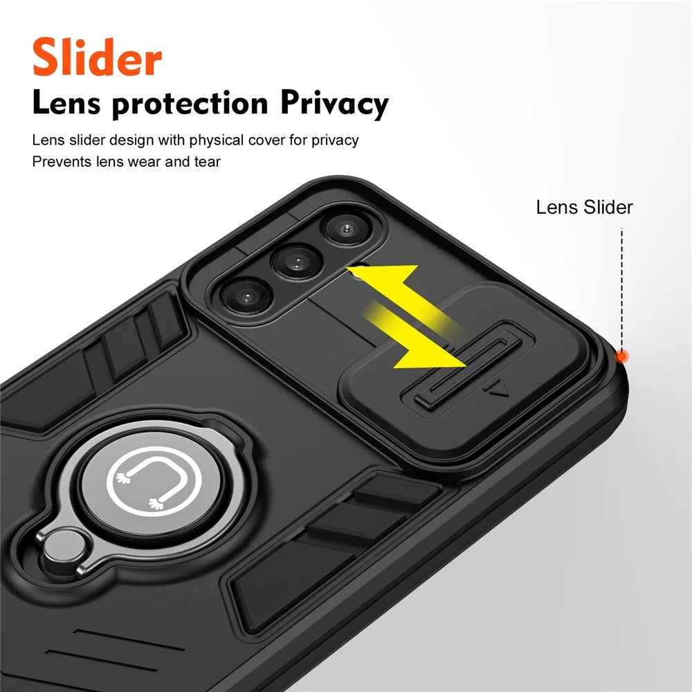 For Samsung Galaxy S23 FE Case Slide Camera Lid PC+TPU Ring Kickstand Phone Cover - Black - 3