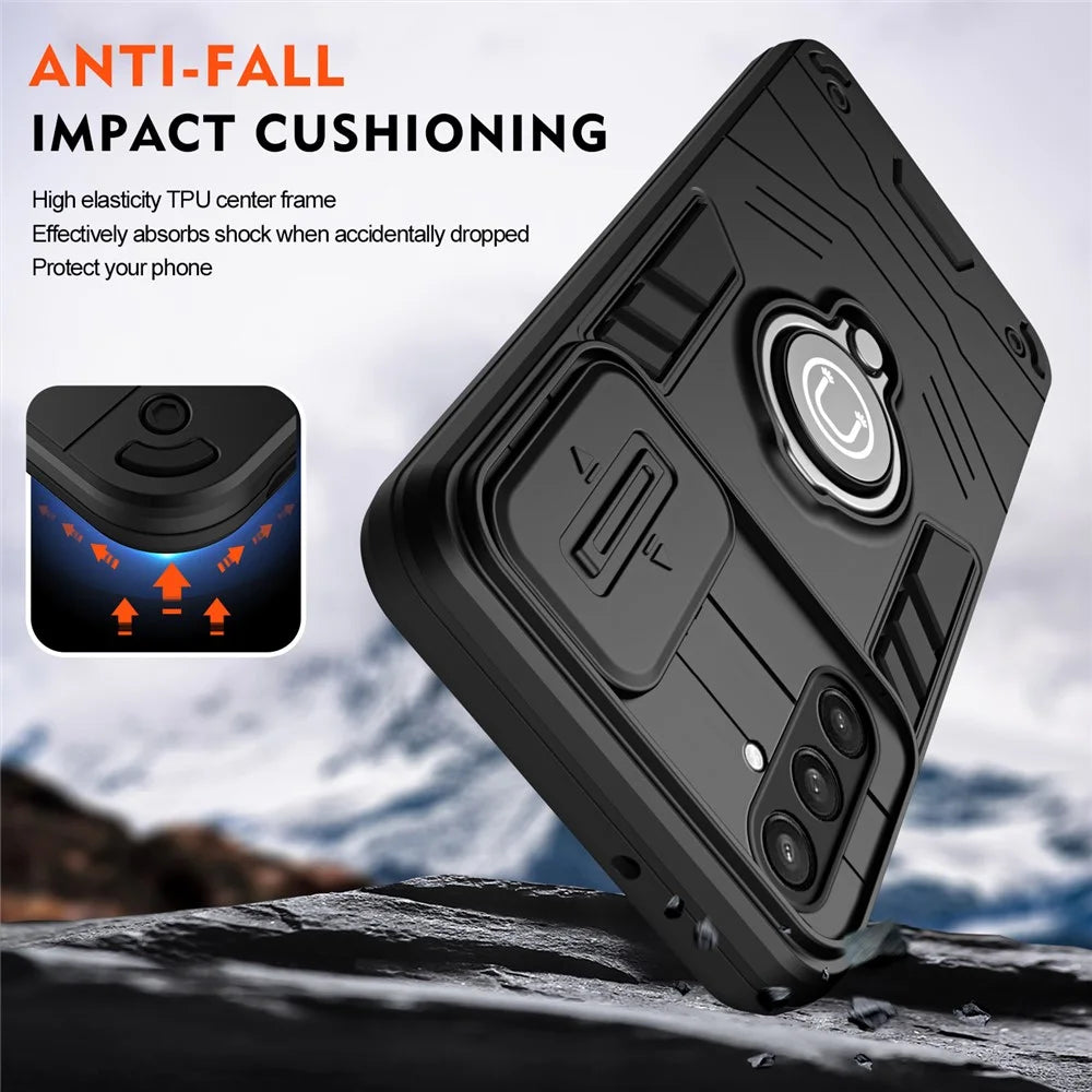 For Samsung Galaxy S23 FE Case Slide Camera Lid PC+TPU Ring Kickstand Phone Cover - Black - 4