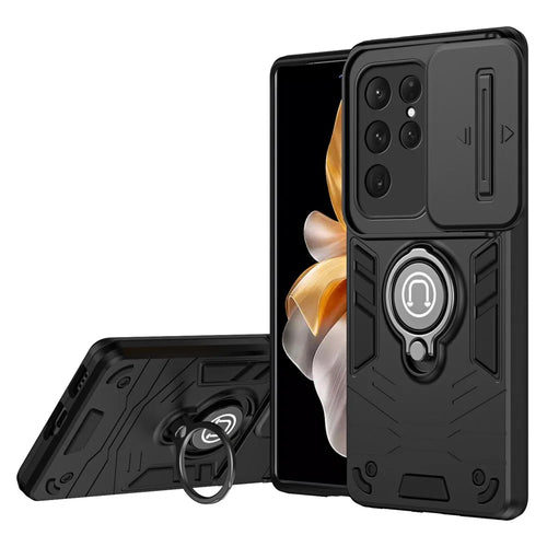 For Samsung Galaxy S24 Ultra Phone Case Slide Lens Lid Anti-Fall Phone Cover with Ring Kickstand - Black - 1