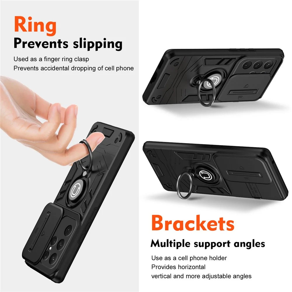 For Samsung Galaxy S24 Ultra Phone Case Slide Lens Lid Anti-Fall Phone Cover with Ring Kickstand - Black - 2