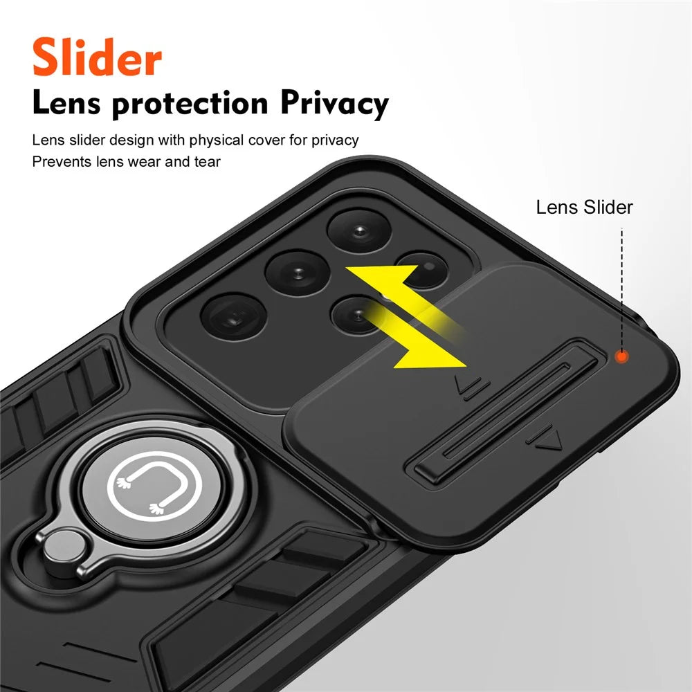 For Samsung Galaxy S24 Ultra Phone Case Slide Lens Lid Anti-Fall Phone Cover with Ring Kickstand - Black - 3