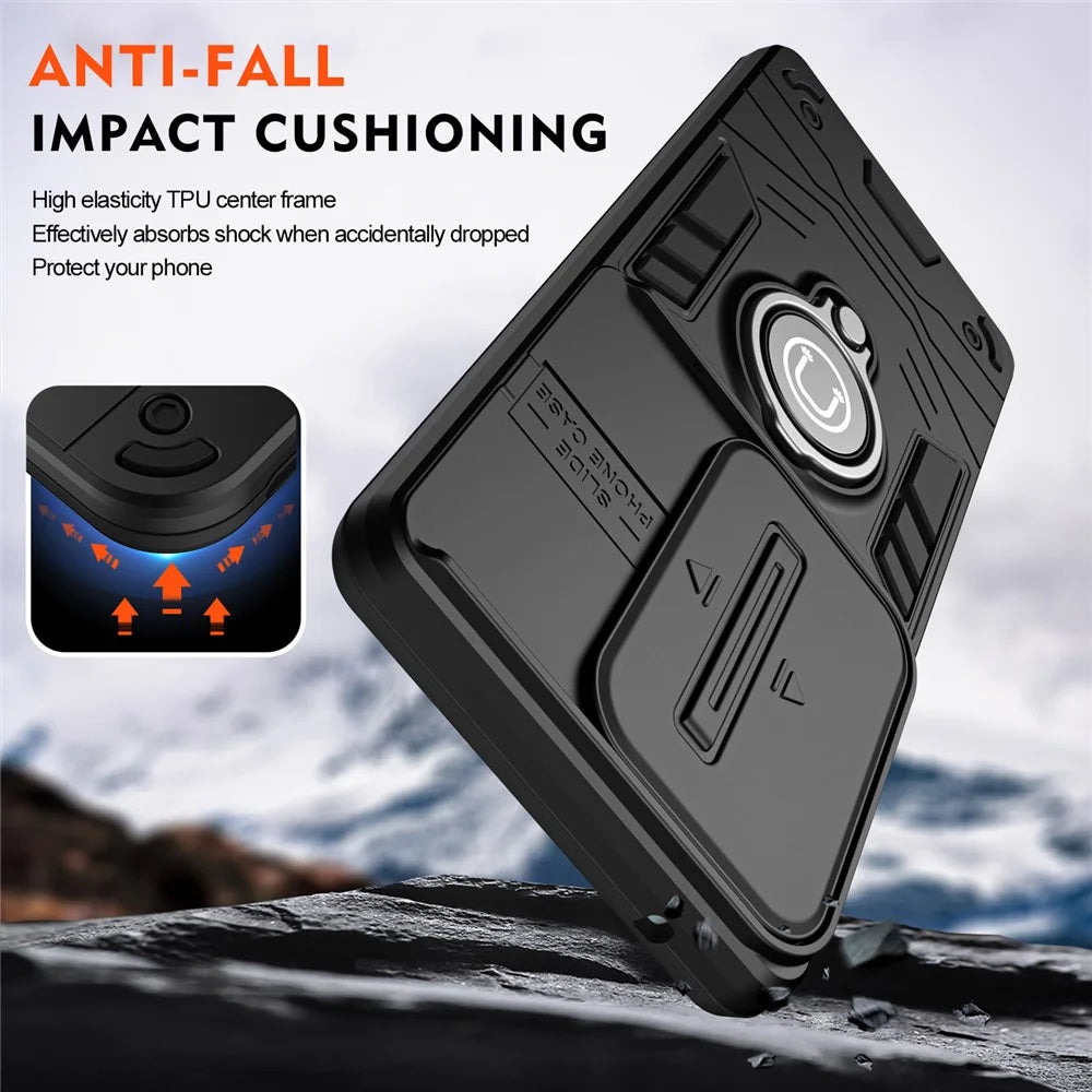 For Samsung Galaxy S24 Ultra Phone Case Slide Lens Lid Anti-Fall Phone Cover with Ring Kickstand - Black - 4