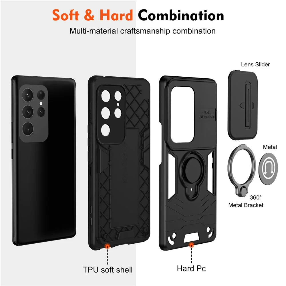 For Samsung Galaxy S24 Ultra Phone Case Slide Lens Lid Anti-Fall Phone Cover with Ring Kickstand - Black - 6