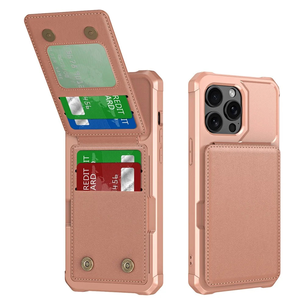 ZM11 For iPhone 14 Pro Case Card Holder Kickstand PU Leather + TPU Phone Cover - Rose Gold - 1
