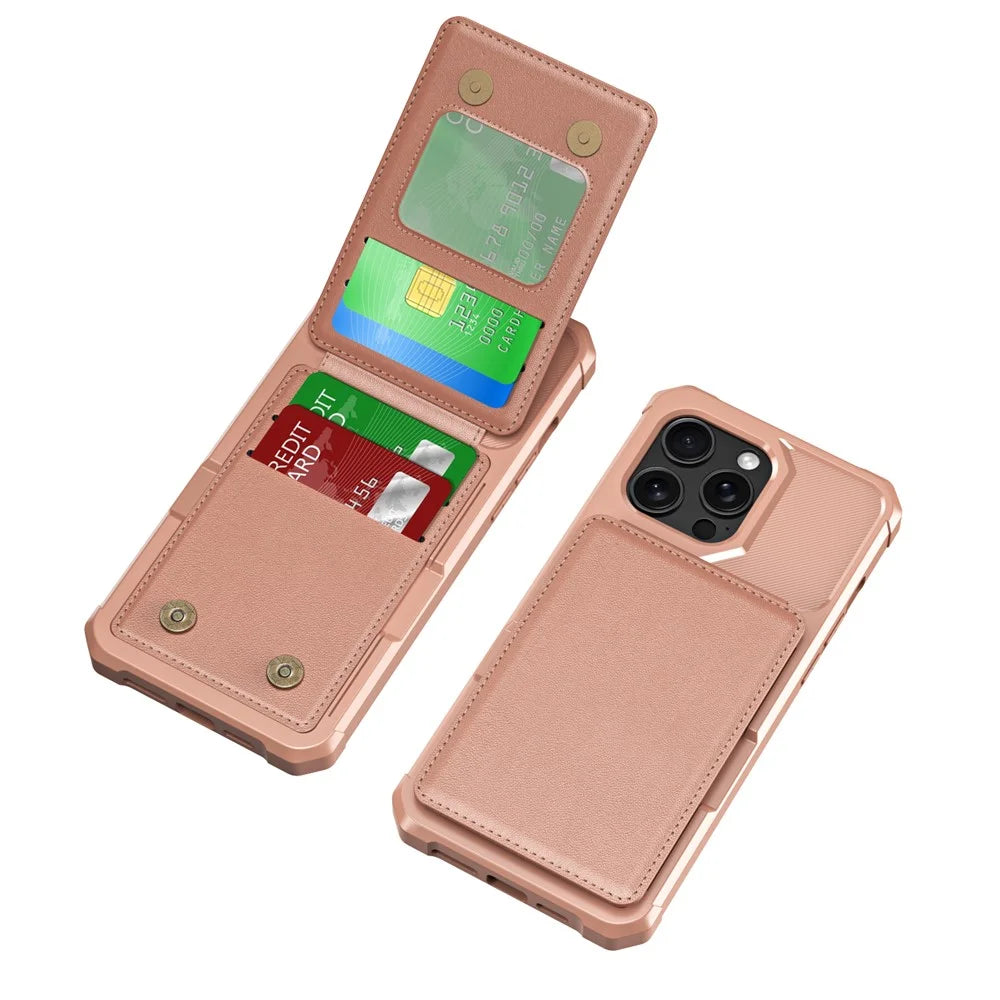 ZM11 For iPhone 14 Pro Case Card Holder Kickstand PU Leather + TPU Phone Cover - Rose Gold - 2