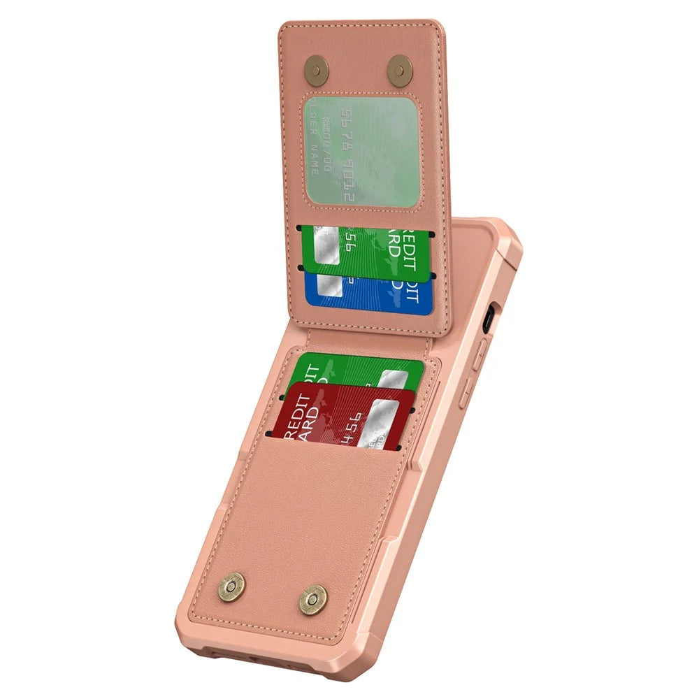 ZM11 For iPhone 14 Pro Case Card Holder Kickstand PU Leather + TPU Phone Cover - Rose Gold - 3