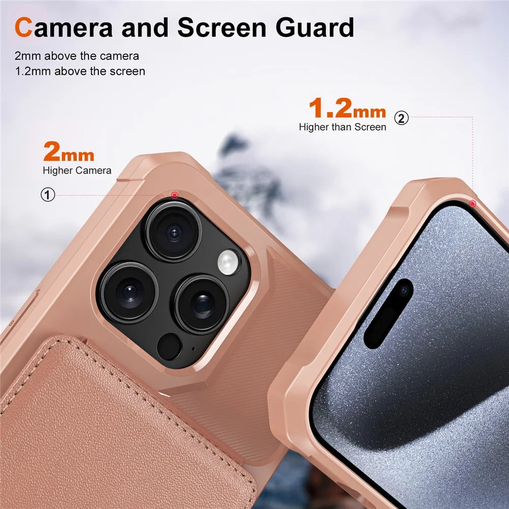 ZM11 For iPhone 14 Pro Case Card Holder Kickstand PU Leather + TPU Phone Cover - Rose Gold - 5