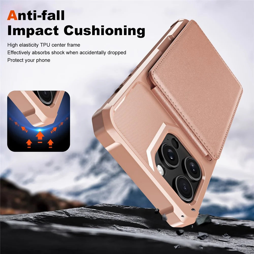 ZM11 For iPhone 14 Pro Case Card Holder Kickstand PU Leather + TPU Phone Cover - Rose Gold - 6