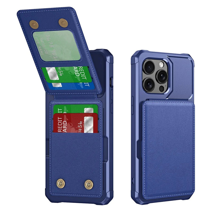 ZM11 For iPhone 13 Pro Max Case Vertical Card Slots PU Leather Coated TPU Kickstand Phone Cover - Dark Blue - 1