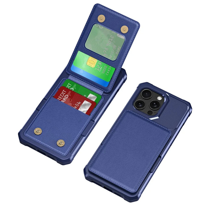 ZM11 For iPhone 13 Pro Max Case Vertical Card Slots PU Leather Coated TPU Kickstand Phone Cover - Dark Blue - 2