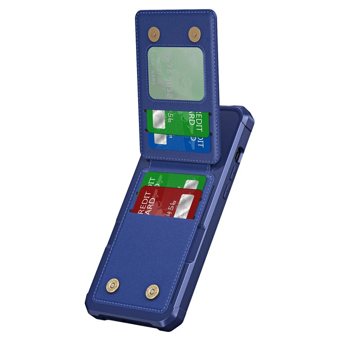 ZM11 For iPhone 13 Pro Max Case Vertical Card Slots PU Leather Coated TPU Kickstand Phone Cover - Dark Blue - 3