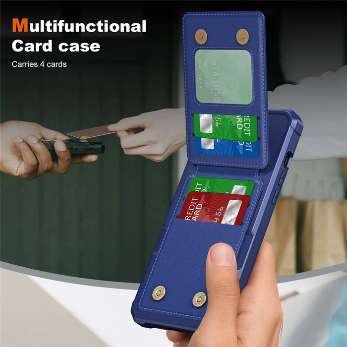 ZM11 For iPhone 13 Pro Max Case Vertical Card Slots PU Leather Coated TPU Kickstand Phone Cover - Dark Blue - 4