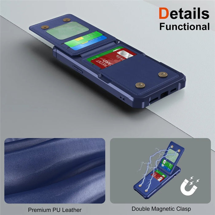 ZM11 For iPhone 13 Pro Max Case Vertical Card Slots PU Leather Coated TPU Kickstand Phone Cover - Dark Blue - 7