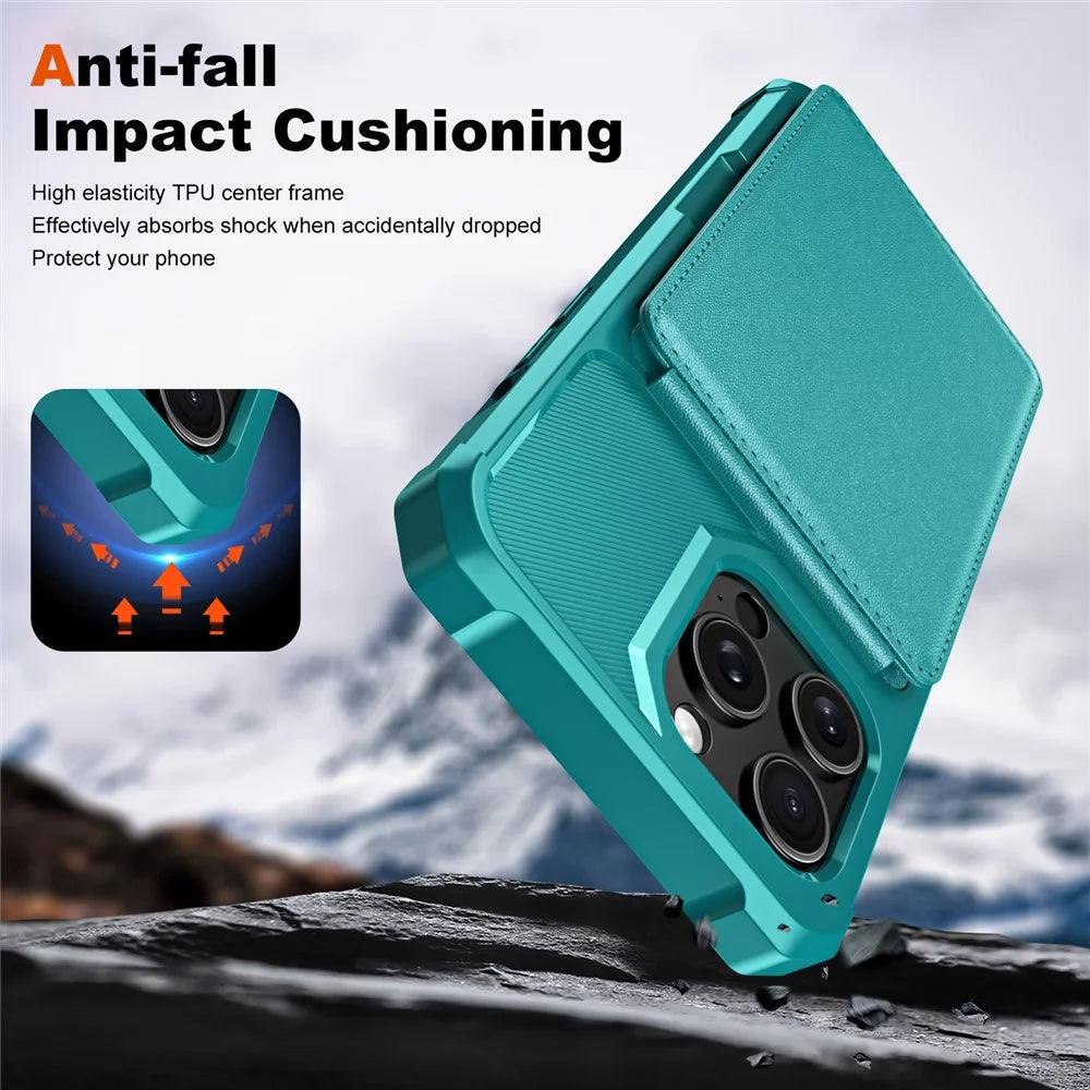 ZM11 For iPhone 15 Pro Case Kickstand Card Slots PU Leather+TPU Phone Cover - Green - 6